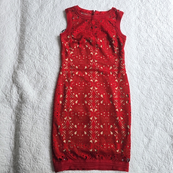 Tadashi Shoji Lasercut Lace Sleeveless Dress - Red Small - Picture 3 of 16